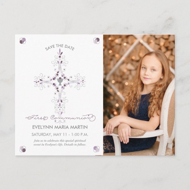 First Communion Save The Date Postcard with Photo (Front)