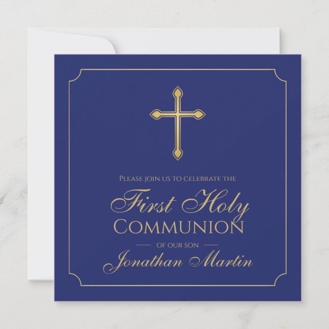First Communion Simple Gold Cross Blue Christian Invitation (Front)