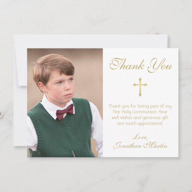 First Communion Simple Gold Cross White Photo Thank You Card (Front)