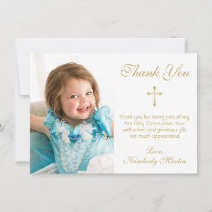 First Communion Simple Gold Script Cross Photo Thank You Card