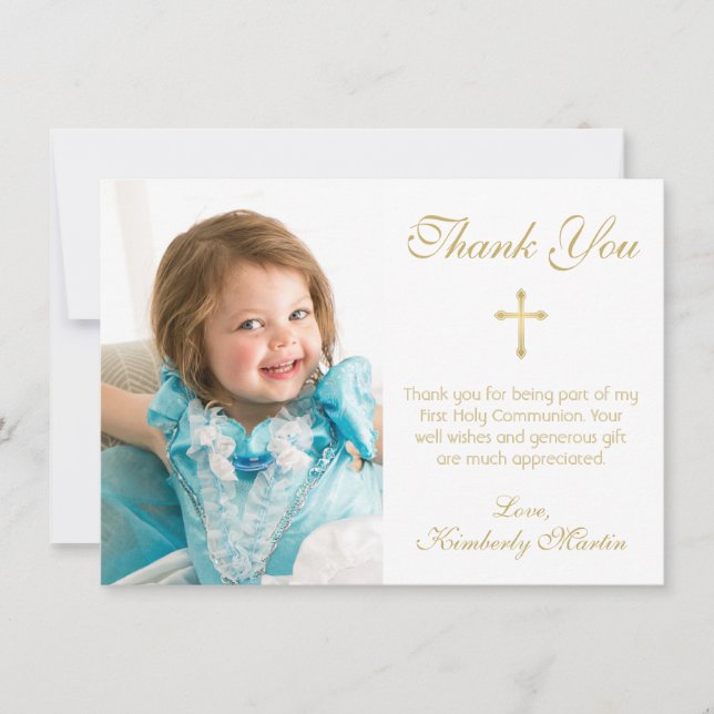 First Communion Simple Gold Script Cross Photo Thank You Card (Front)