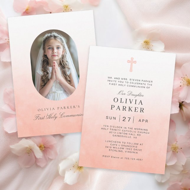 First Communion Simple Watercolor Photo Girl Invitation (Available in both printed and instant download digital formats.)