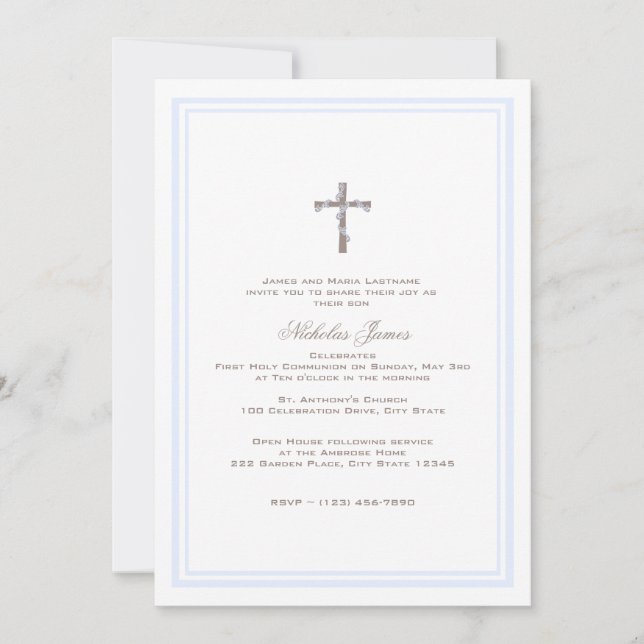 First Communion Soft Blue and Brown Invitation (Front)