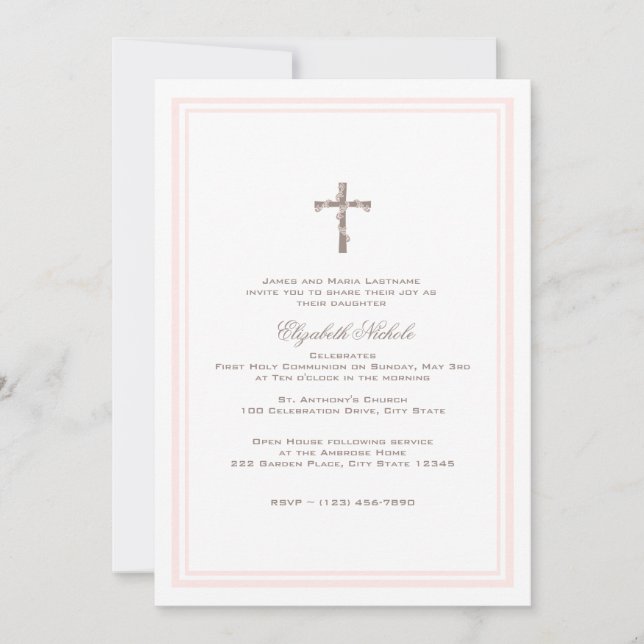 First Communion Soft Pink and Brown Invitation (Front)