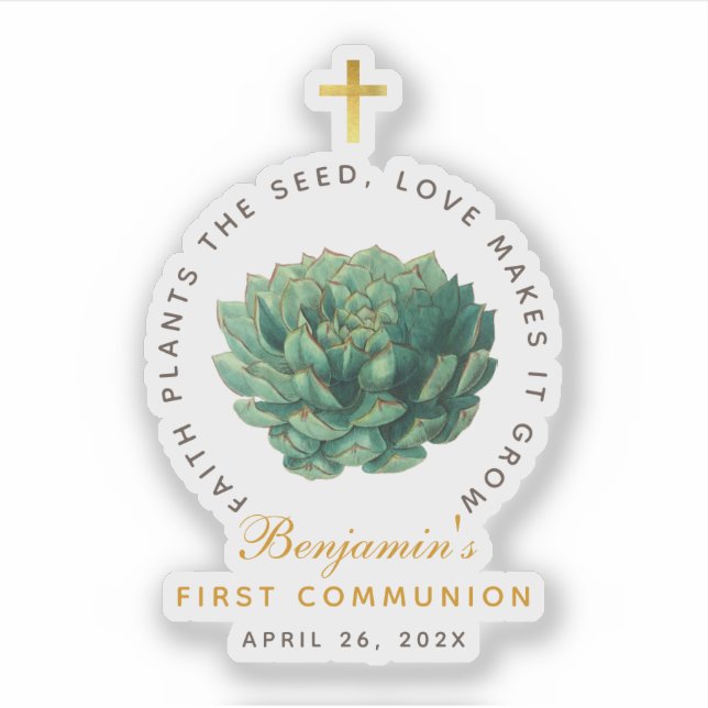 First Communion Succulent Faux Gold Cross Script (Front)
