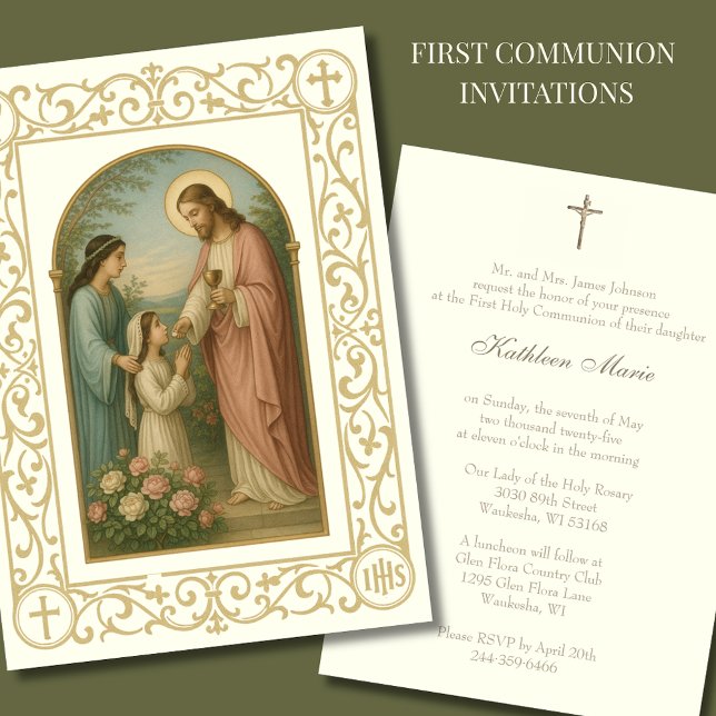 First Communion Vintage Girl with Jesus  Invitation (Creator Uploaded)