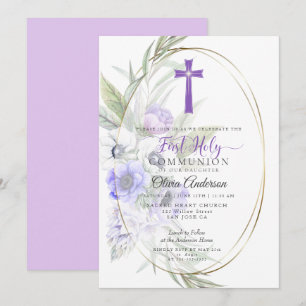 FIRST COMMUNION   Violet Anemone Floral Cross 2 Invitation