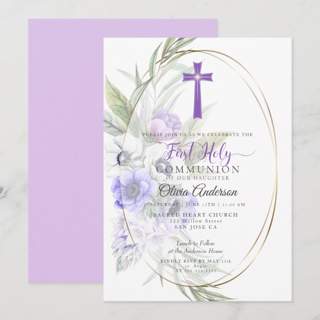 FIRST COMMUNION | Violet Anemone Floral Cross 2 Invitation (Front/Back)