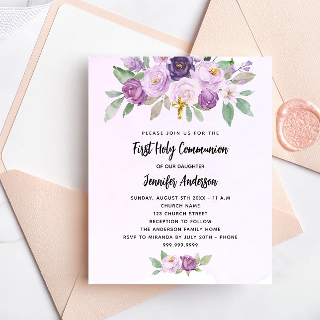 First Communion violet flowers budget invitation Flyer (Creator Uploaded)