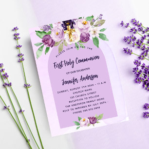 First Communion violet purple flowers cross girl Invitation