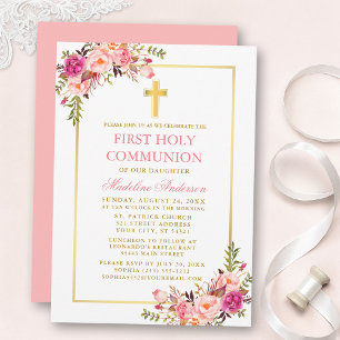 First Communion Watercolor Pink Blush Floral Gold Invitation
