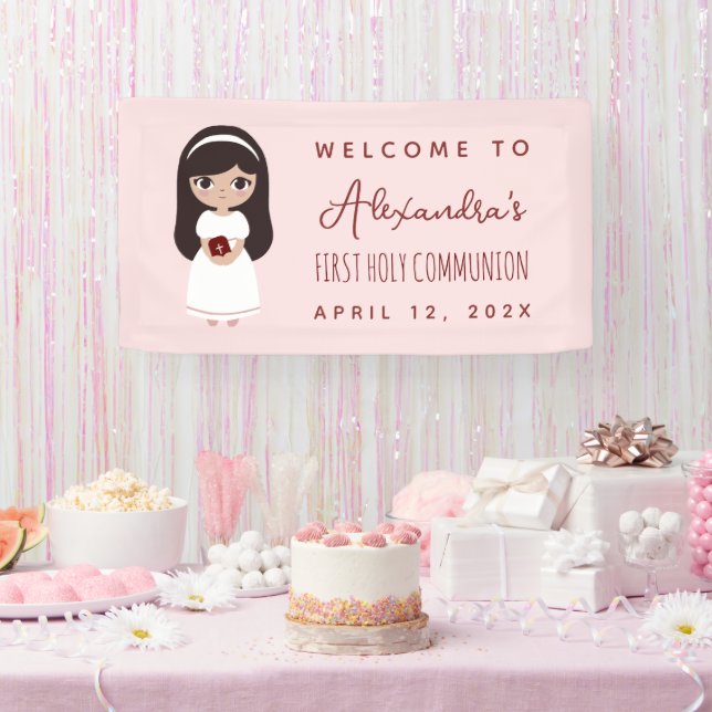 First Communion Welcome Brunette Girl Pink Cute Banner (Party)