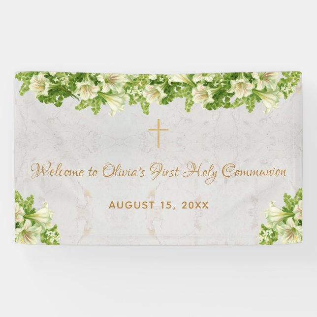 First Communion Welcome Floral White Lilies Marble Banner (Horizontal)