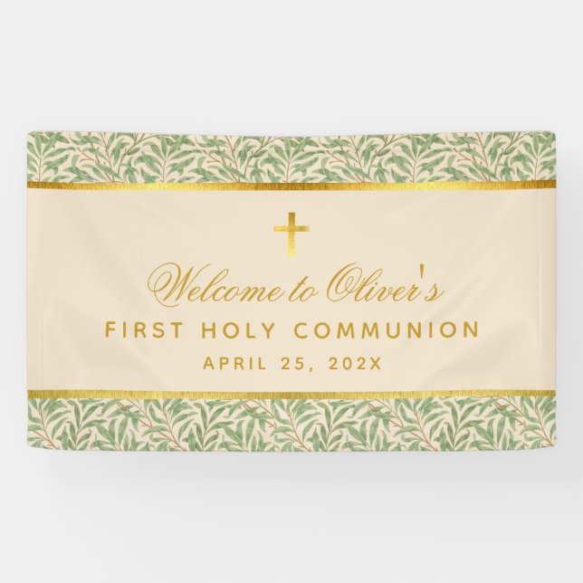 First Communion Welcome Foliage Gold Green Leaves Banner (Horizontal)