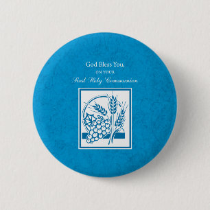 First Communion, Wheat, Grapes Blue 2 Inch Round Button