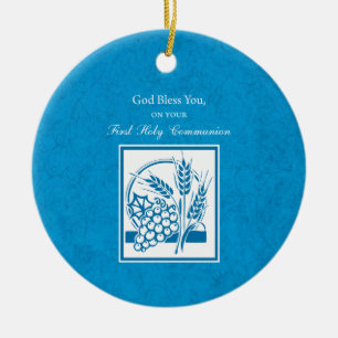 First Communion, Wheat, Grapes Blue Ceramic Ornament