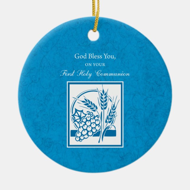 First Communion, Wheat, Grapes Blue Ceramic Ornament (Front)