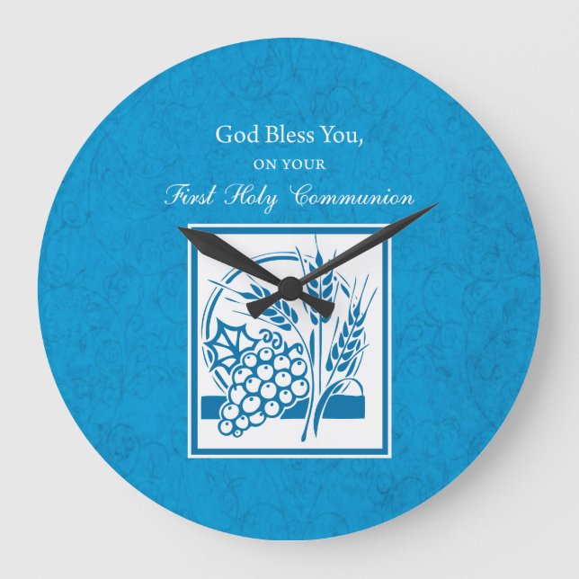 First Communion, Wheat, Grapes Blue Large Clock (Front)