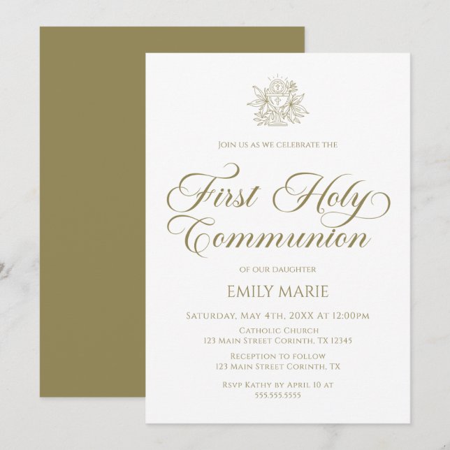 First Communion white and gold Invitation (Front/Back)