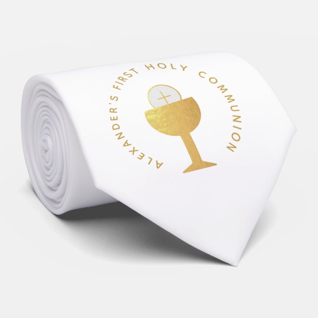 First Communion White Faux Gold Chalice Eucharist Tie (Rolled)