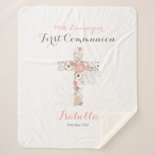First communion white floral cross name sherpa blanket