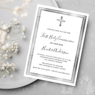First Communion white silver cross Invitation
