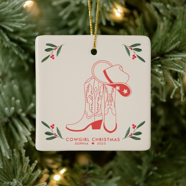 First Cowgirl Christmas Cute cowboy boots Ceramic Ornament (Tree)