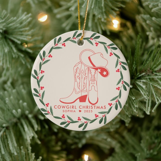 First Cowgirl Christmas Cute cowboy boots Ceramic Ornament (Tree)
