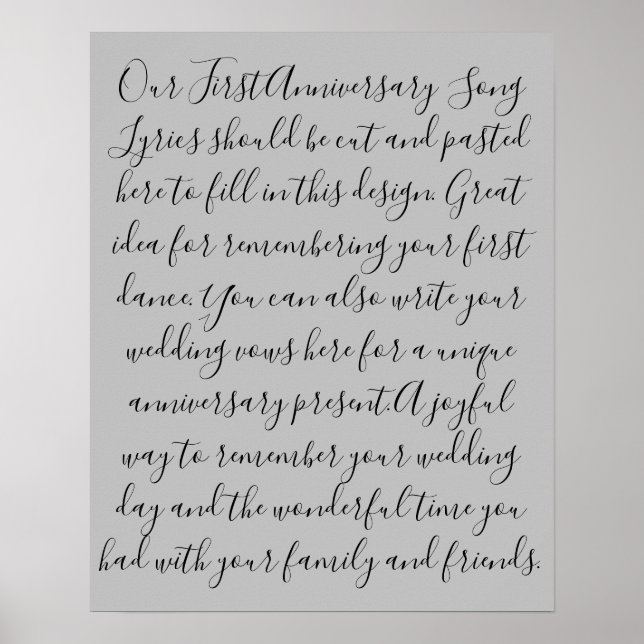 First Dance Song Lyrics Anniversary Gift Newlywed Poster (Front)