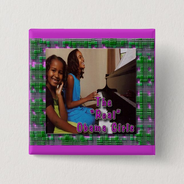 FIRST DAUGHTERS: SASHA & MALIA OBAMA GIRLS 2 INCH SQUARE BUTTON (Front)