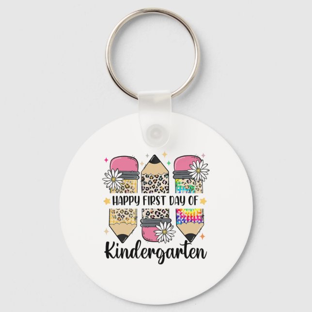 First Day Kindergarten Teacher Leopard Pencil Ck T Keychain (Front)