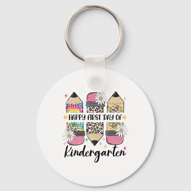First Day Kindergarten Teacher Leopard Pencil Ck T Keychain (Front)