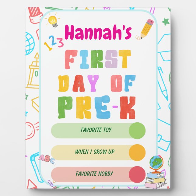 First Day of Pre-K Board, Back to School Sign Plaque (Front)