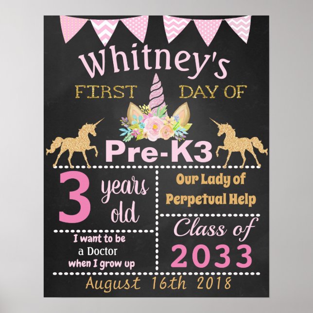 First day of Pre-k school Unicorn Poster (Front)
