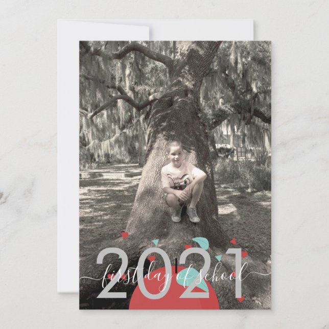 First Day of School Apple Modern Script Photo Card (Front)