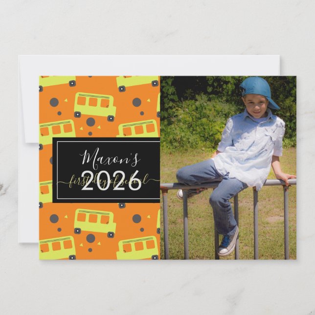First Day of School Bus Pattern Script Photo Card (Front)