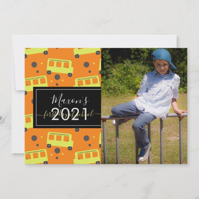 First Day of School Bus Pattern Script Photo Card (Front)