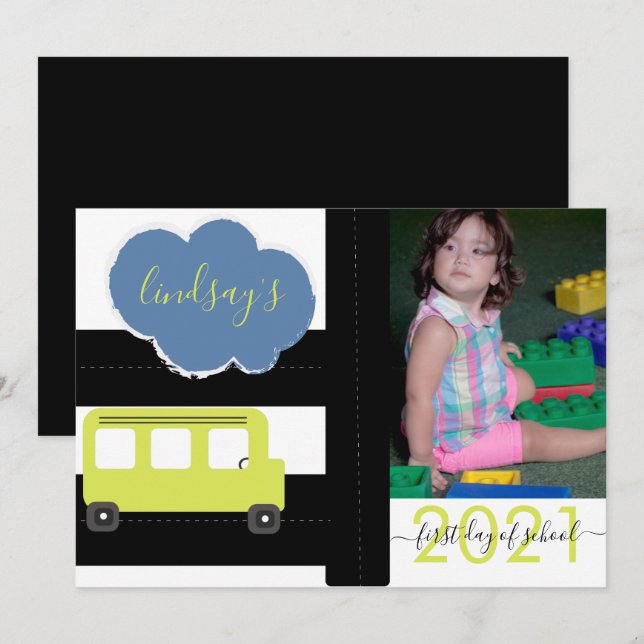 First Day of School Bus Road Script Photo Card (Front/Back)