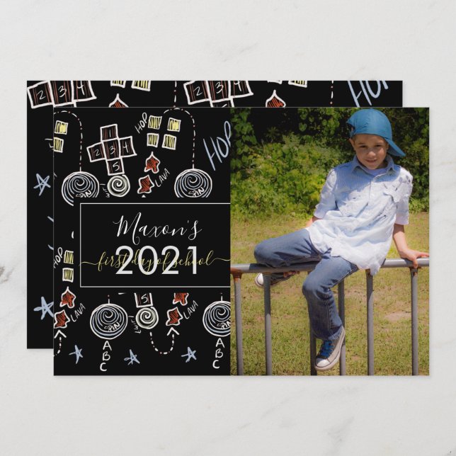 First Day of School Chalk Script Photo Card (Front/Back)