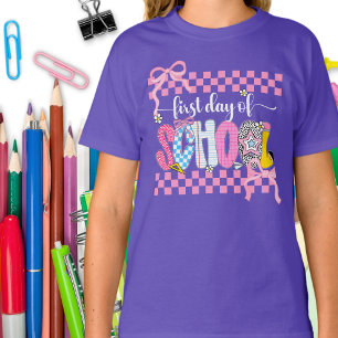 First Day of School Coquette / Pink Chequered Bow T-Shirt