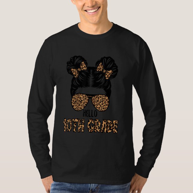 First Day Of School Hello 10th Grade Leopard Messy T-Shirt (Front)