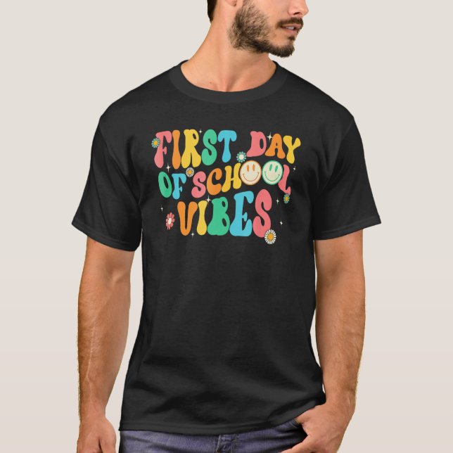 First Day Of School Vibes Smile Face Groovy Teache T-Shirt (Front)