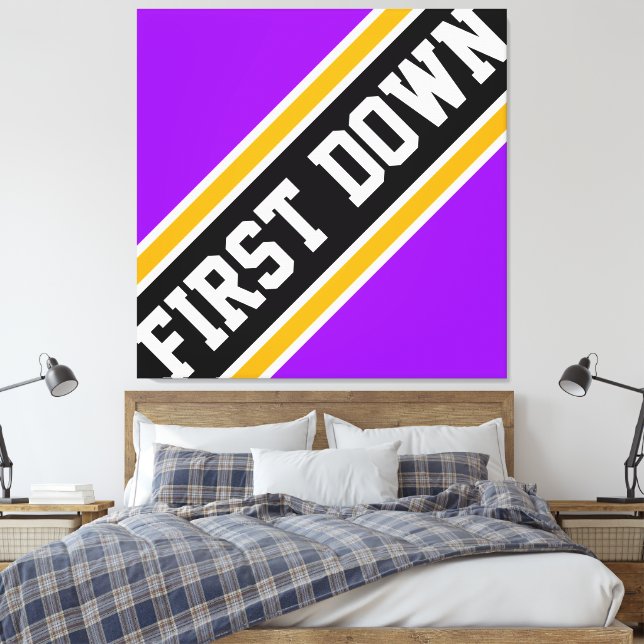 FIRST DOWN Bright Purple Black Football Stripes Canvas Print (Insitu(Bedroom))