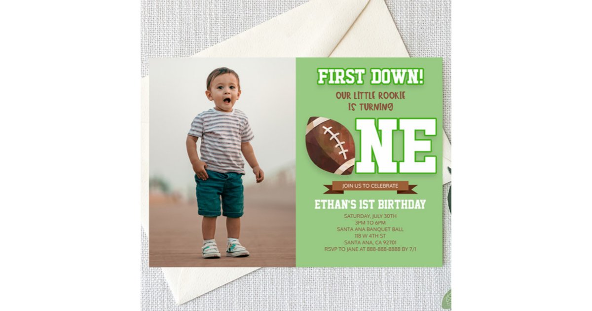 First Down Football Green ONE 1st Birthday Party Invitation | Zazzle