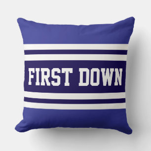 FIRST DOWN Navy Royal Blue White Racing Stripes Throw Pillow