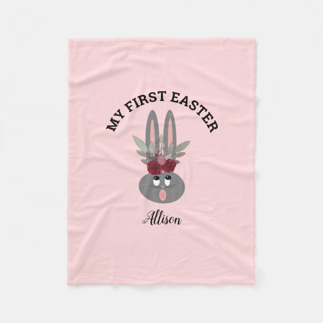 First Easter Blush Pink Floral Bunny Personalized Fleece Blanket (Front)