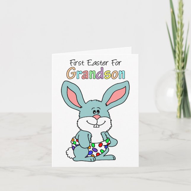 First Easter For Grandson Cute Bunny Greeting Card (Front)