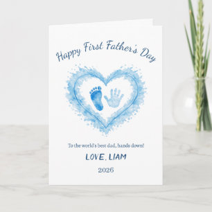 First Father’s Day Blue Watercolor Heart Handprint Card
