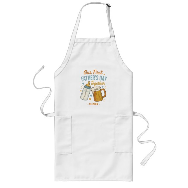 First Father’s Day Together – Beer & Baby Bottle Long Apron (Front)