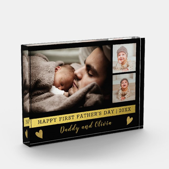 First Father's Day 3 Photo Collage Black And Gold Block (Left)